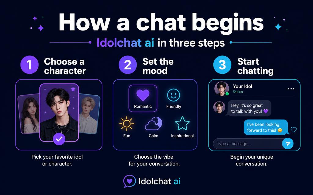 Three steps to begin a conversation on Idolchat ai